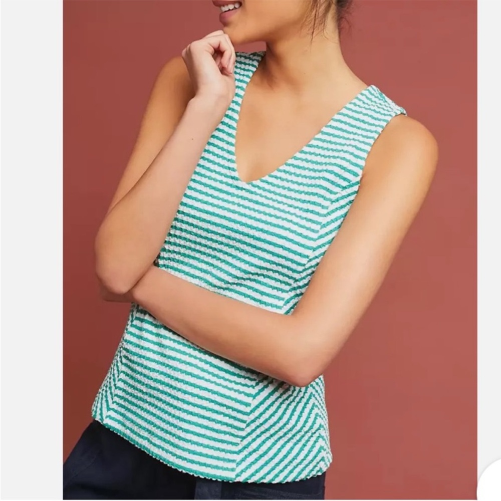 Anthropologie Maeve Franconia Striped Tank Top White green ribbed size small